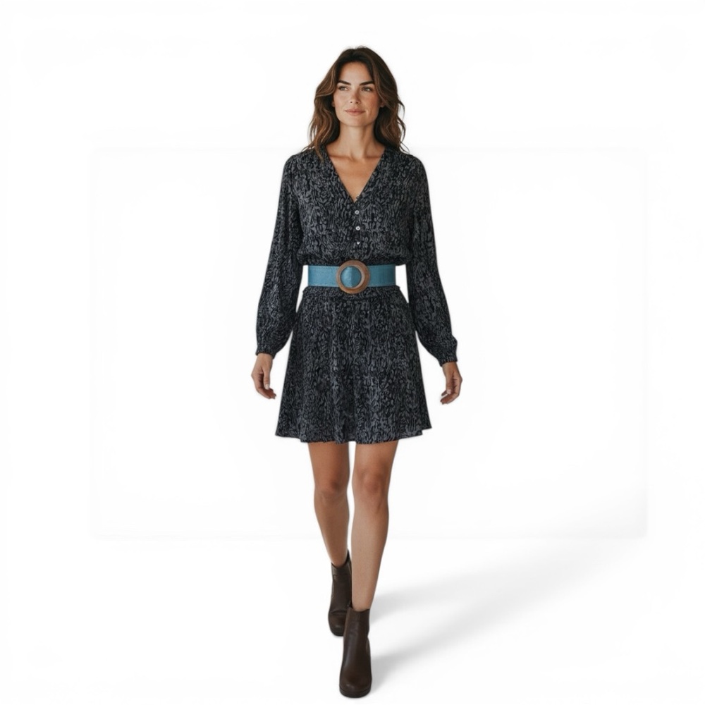 Rails Smocked Waist Mini Dress Small Black Gray Print Boho Long Sleeve Flowy